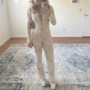 Tadashi Shoji Floral White Lace V-Neck Illusion Jumpsuit Size 00